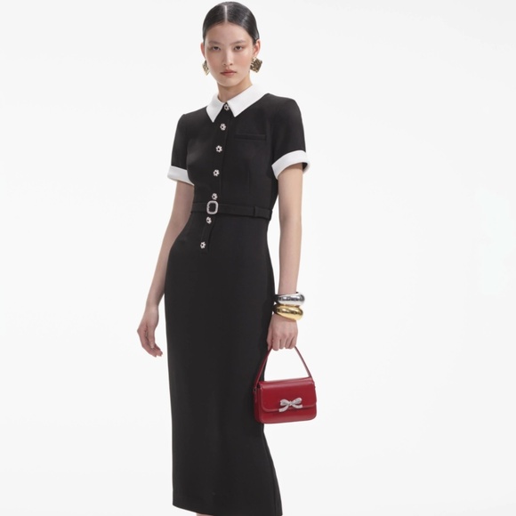 self-portrait Black Crepe Contrast Midi Dress Size: US6 - MSRP $585 - NWT - Picture 2 of 9